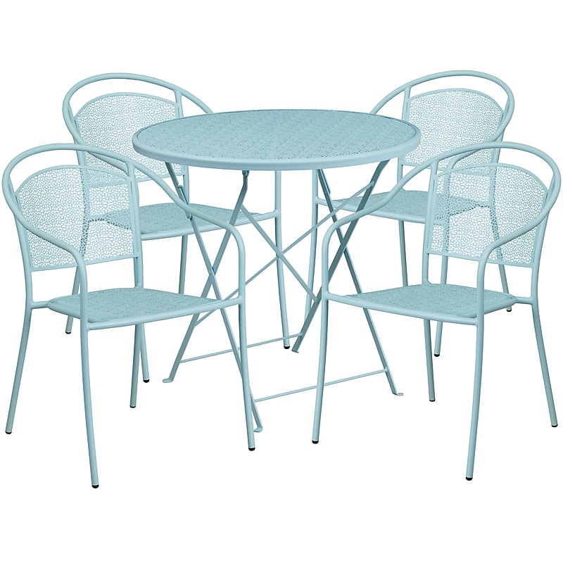 Flash Furniture Oia Indoor-Outdoor 30" Round Steel Folding Patio Table Set with 4 Round Back Chairs, Sky Blue (CO30RDF03CHR4SB) image 1