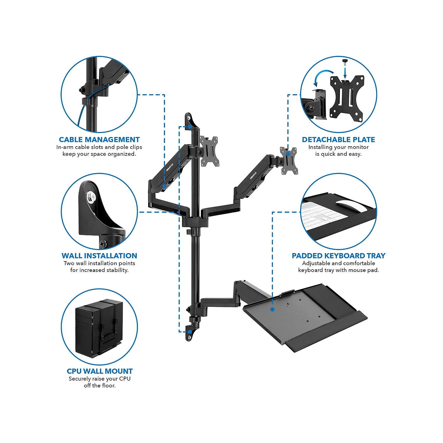 Mount-It! Adjustable Dual-Monitor Wall Mount Workstation Up to 32" Black - Afbeelding 3 van 7