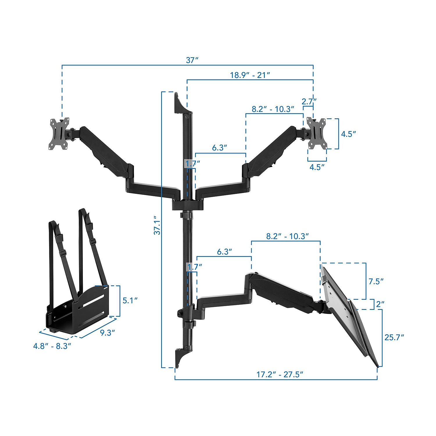 Mount-It! Adjustable Dual-Monitor Wall Mount Workstation Up to 32" Black - Afbeelding 7 van 7