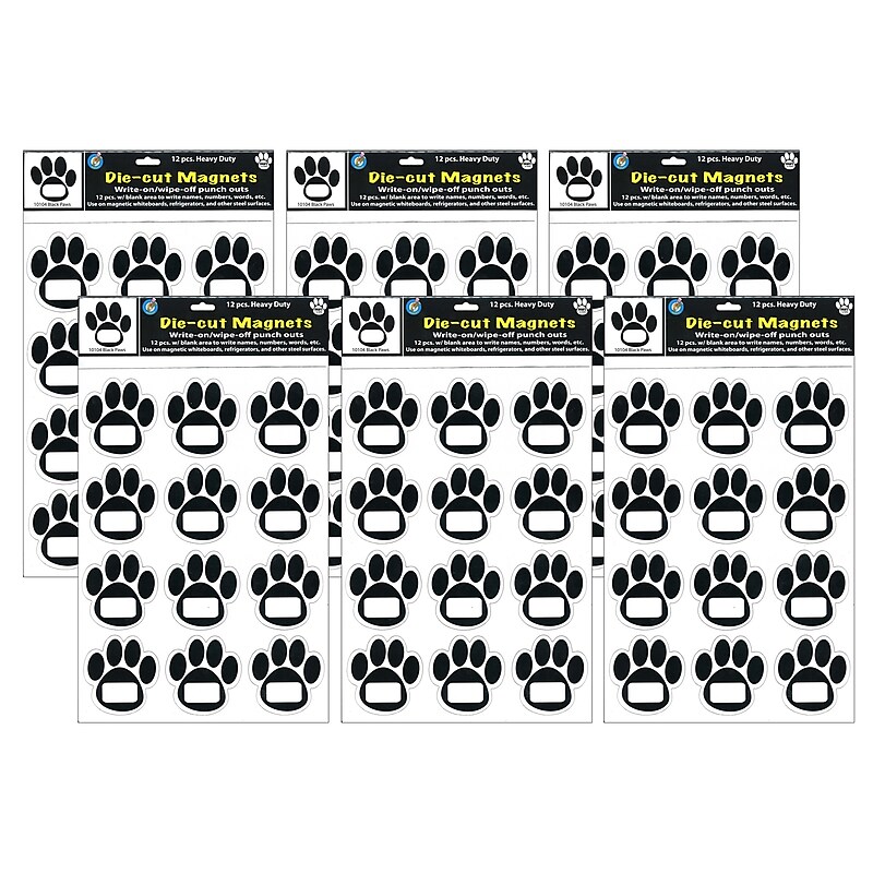 Ashley Productions Die-Cut Magnetic Black Paw Prints, 12 Per Pack, 6 Packs (ASH10104-6) image 1