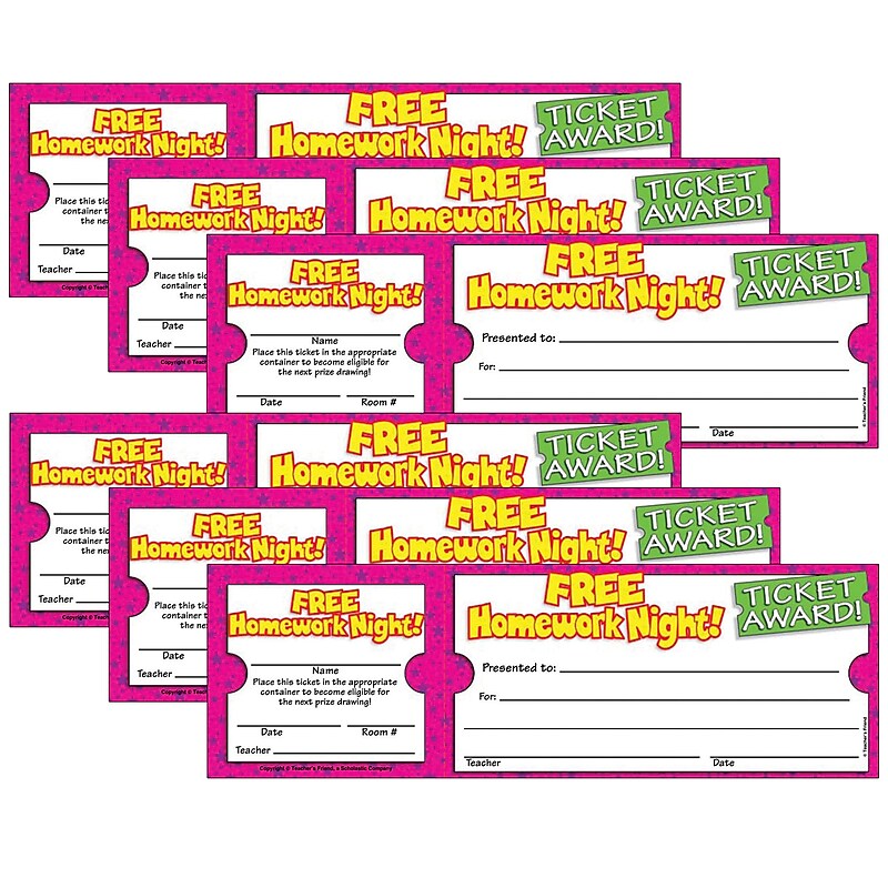 Scholastic Teaching Solutions Ticket Awards, Free Homework Night!, 100 Per Pack, 6 Packs (TF-1617-6) image 1