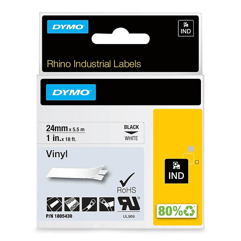 DYMO Rhino Industrial 1805430 Vinyl Label Maker Tape, 1" x 18', Black on White (1805430) image 1