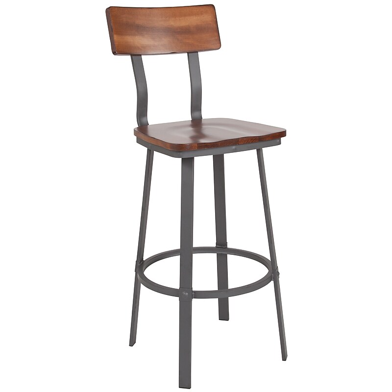 Flash Furniture Flint Series Industrial Metal Rectangular Back Restaurant Barstool, Rustic Walnut/Gray (XUDG60582B) image 1