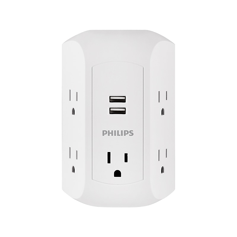 Philips 5-Outlet 2-USB Port Surge Protector, White (SPS5002WA/37) image 1