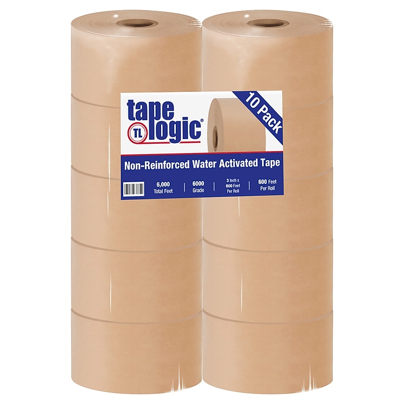 Tape Logic® #6000 Non Reinforced Water Activated Tape, 3" x 600', Kraft, 10/Case (T36000) image 1