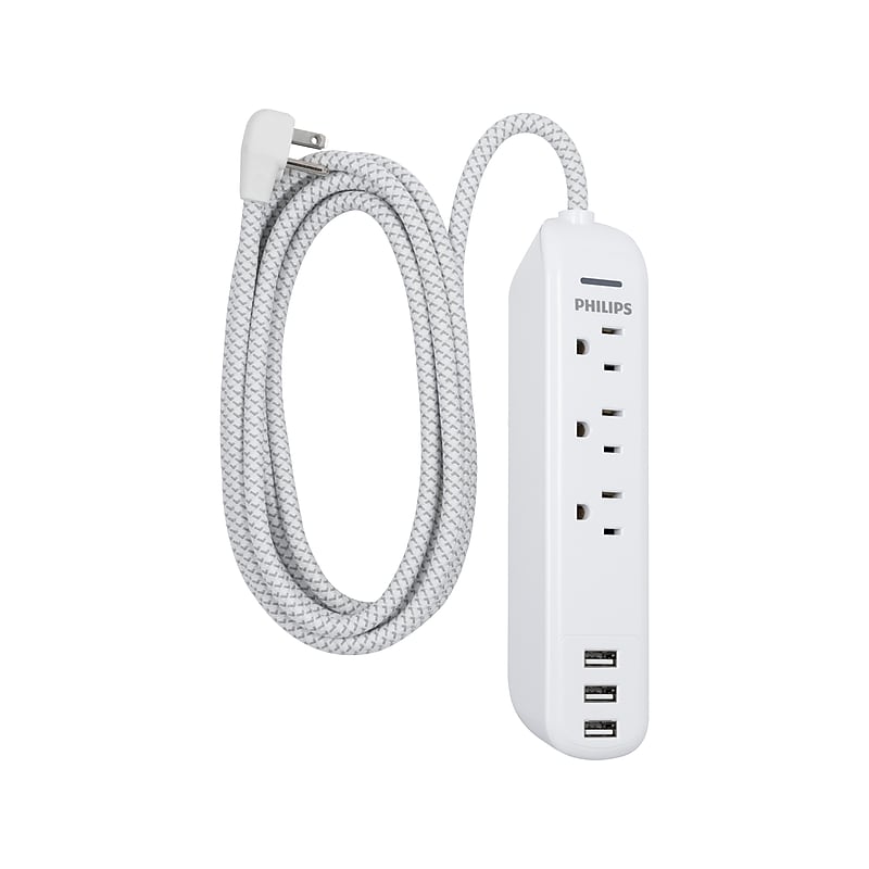 Philips 3-Outlet 3-USB Port Surge Protector, 6', White/Gray (SPP3306WB/37-991) image 1
