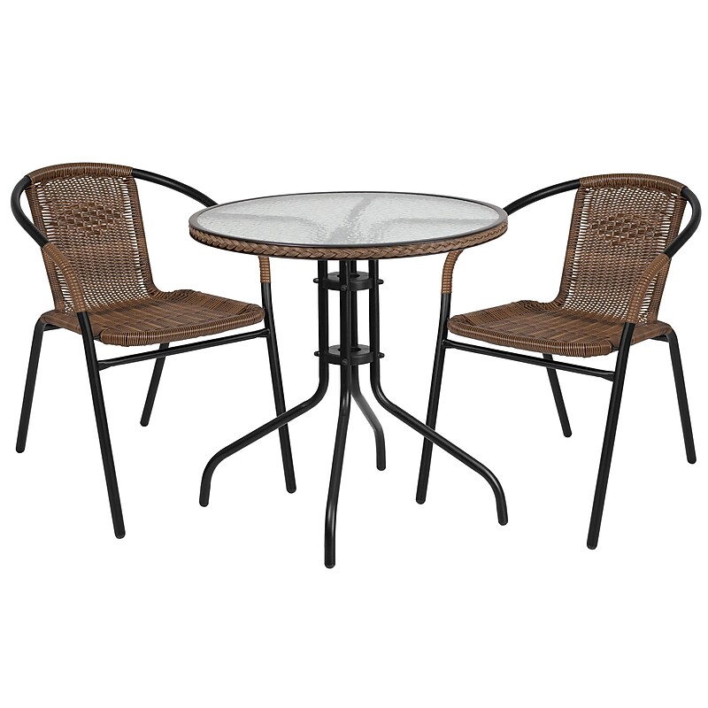 Flash Furniture Lila 28'' Round Table with 2 Rattan Stack Chairs, Dark Brown (TLH087RD037BN2) image 1