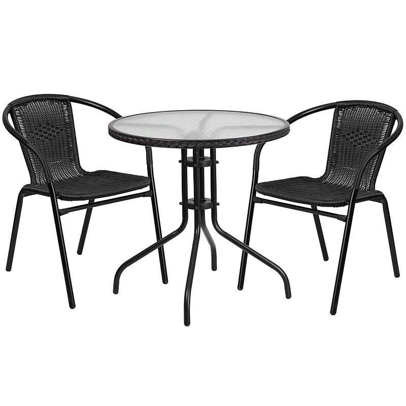Flash Furniture Lila 28'' Round Table with 2 Rattan Stack Chairs, Black (TLH087RD037BK2) image 1