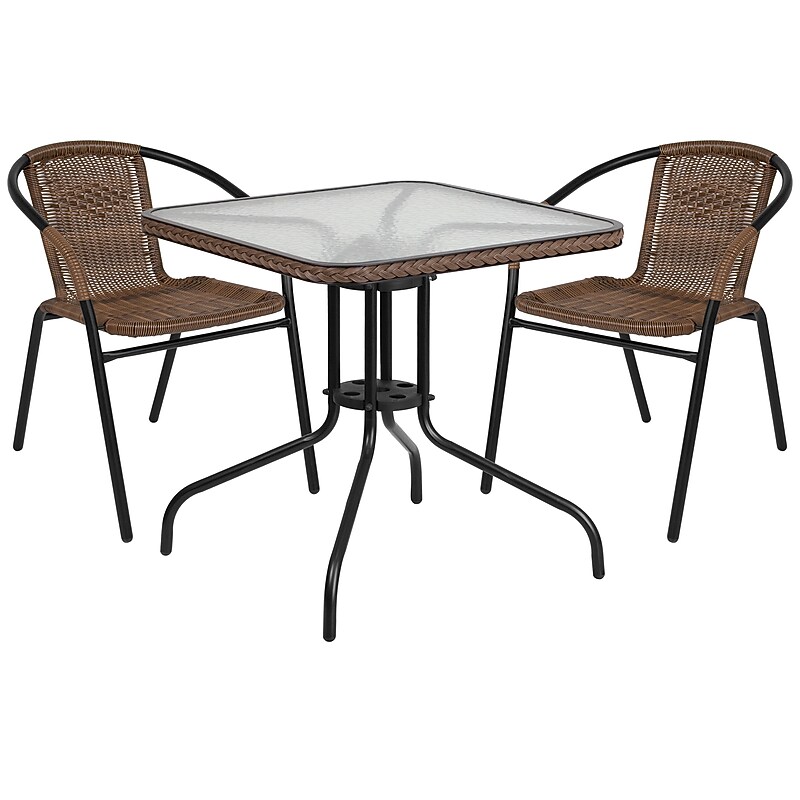 Flash Furniture Lila 28'' Square Table with 2 Rattan Stack Chairs, Dark Brown (TLH073SQ037BN2) image 1