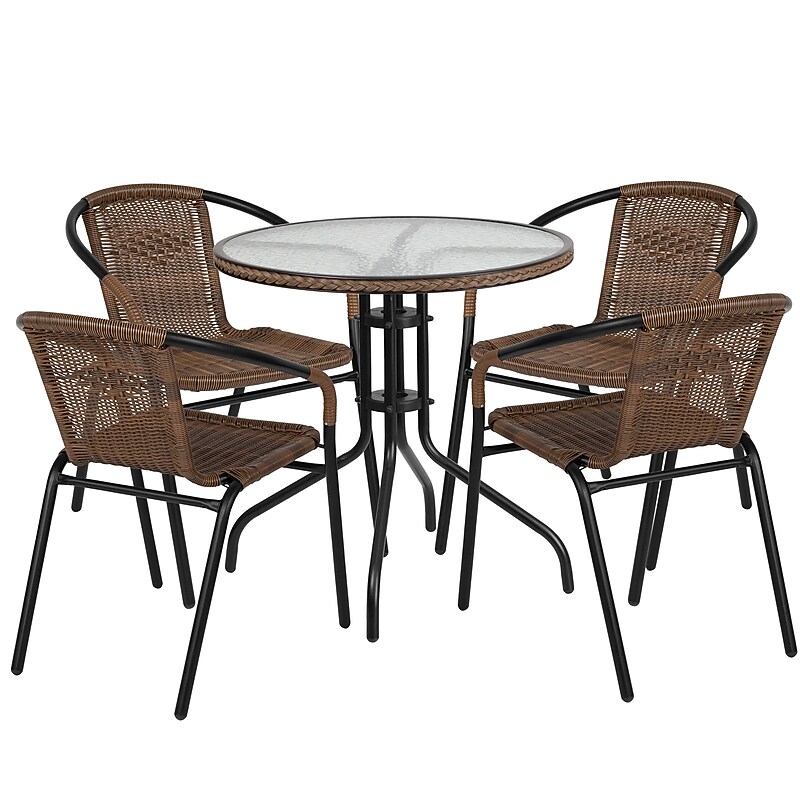 Flash Furniture Lila 28'' Round Table with 4 Rattan Stack Chairs, Dark Brown (TLH087RD037BN4) image 1