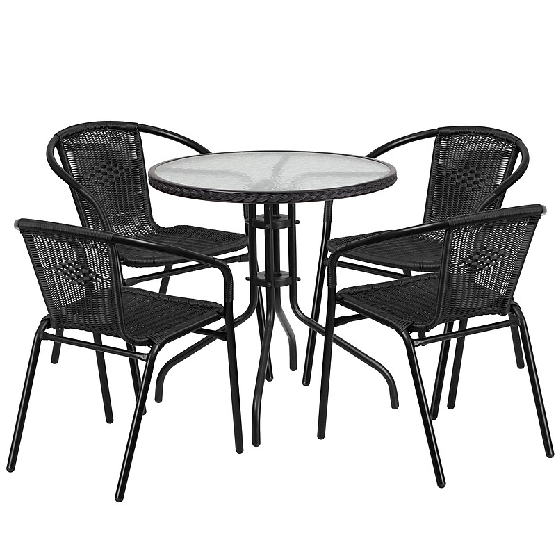 Flash Furniture Lila 28'' Round Table with 4 Rattan Stack Chairs, Black (TLH087RD037BK4) image 1