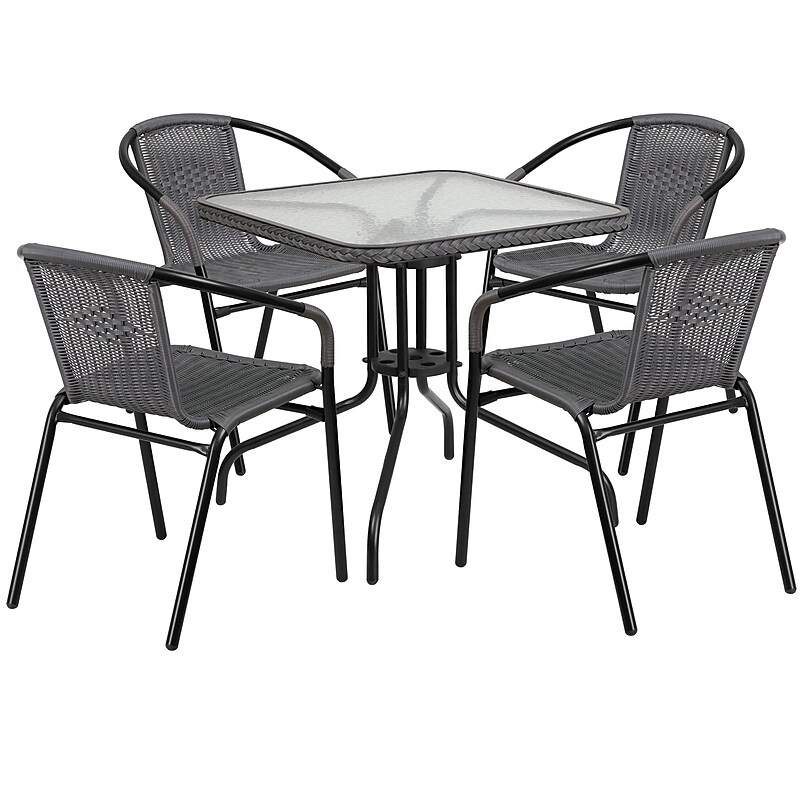 Flash Furniture Lila 28'' Square Table with 4 Rattan Stack Chairs, Gray (TLH073SQ037GY4) image 1