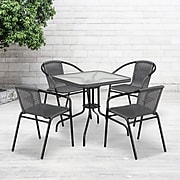 28'' Square Glass Metal Table with Gray Rattan Edging and 4 Gray Rattan Stack Chairs (TLH-073SQ-037GY4-GG)