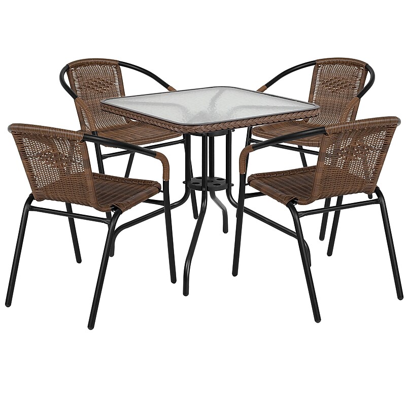 Flash Furniture Lila 28'' Square Table with 4 Rattan Stack Chairs, Dark Brown (TLH073SQ037BN4) image 1