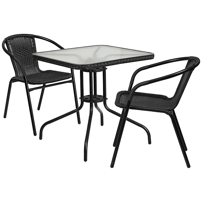 Flash Furniture Lila 28'' Square Table with 2 Rattan Stack Chairs, Black (TLH073SQ037BK2) image 1