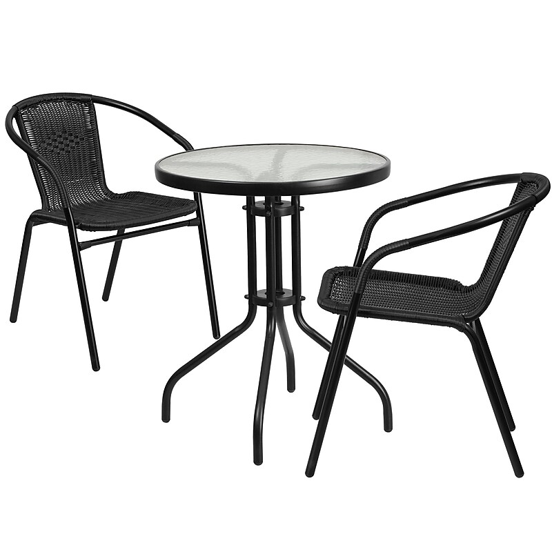 Flash Furniture Lila 23.75'' Round Table with 2 Rattan Stack Chairs, Black (TLH071RD037BK2) image 1