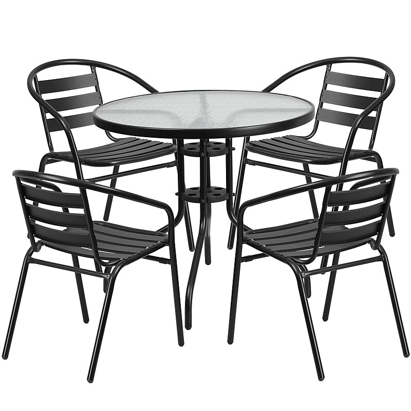 Flash Furniture Lila 31.5'' Round Table with 4 Slat Stack Chairs, Black (TLH072RD017CBK4) image 1