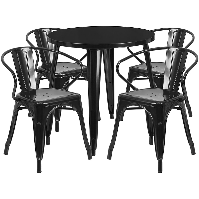 Flash Furniture Cory Indoor-Outdoor 30" Round Table Set with 4 Arm Chairs, Black (CH519TH418ABK) image 1