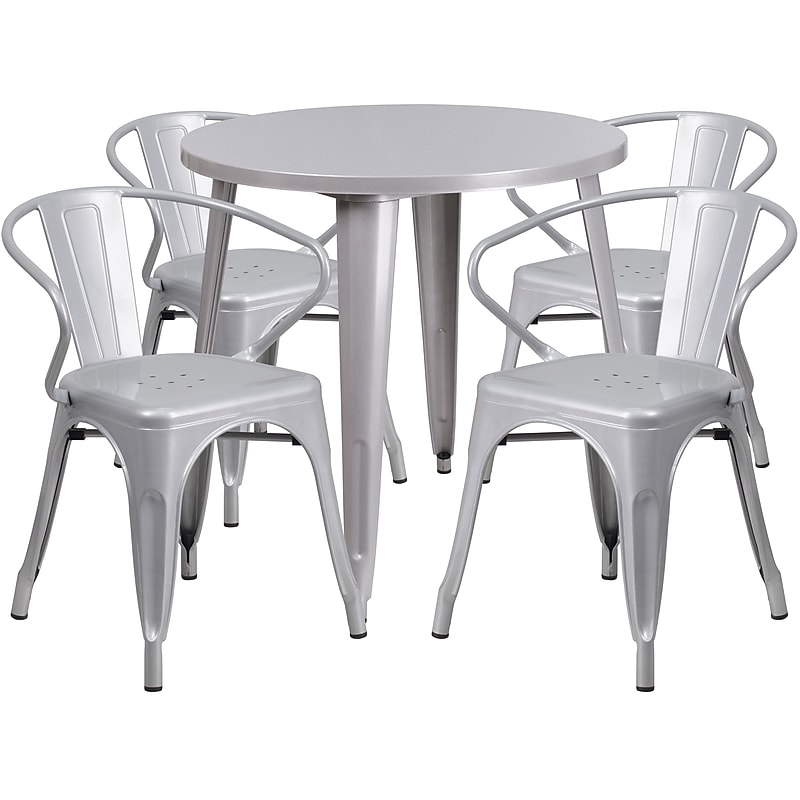 Flash Furniture Cory Indoor-Outdoor 30" Round Table Set with 4 Arm Chairs, Silver (CH519TH418ASIL) image 1