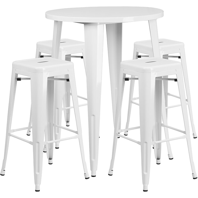 Flash Furniture Coby Indoor-Outdoor 30" Round Bar Table Set with 4 Backless Stools, White (CH519BH430SQSWH) image 1