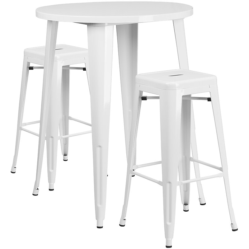 Flash Furniture Boyd Indoor-Outdoor 30" Round Bar Table Set with 2 Backless Stools, White (CH519BH230SQSWH) image 1