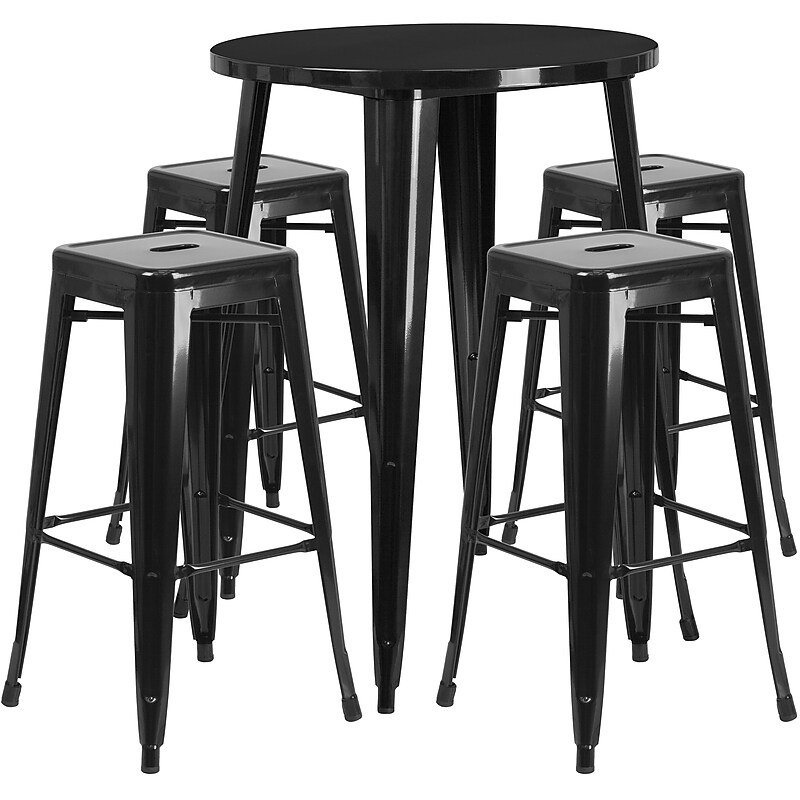Flash Furniture Coby Indoor-Outdoor 30" Round Bar Table Set with 4 Backless Stools, Black (CH519BH430SQSBK) image 1