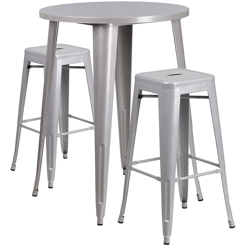 Flash Furniture Boyd Indoor-Outdoor 30" Round Bar Table Set with 2 Backless Stools, Silver (CH519BH230SQSSV) image 1