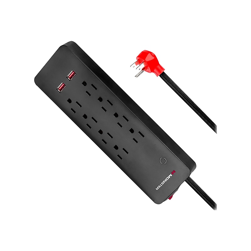 Monster 8-Outlet 2-USB Port Surge Protector, 6', Black (2MNAC0949B0L2) image 1