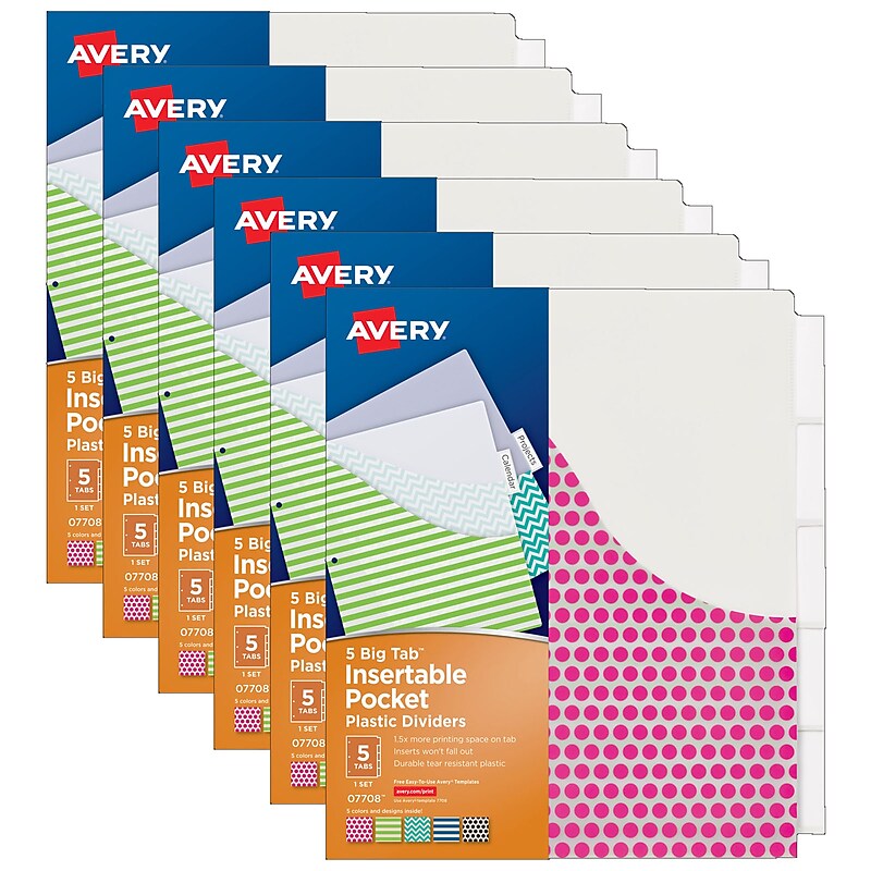 Avery® Big Tab™ Insertable Plastic Dividers with Pockets, 5-Tab Set, Assorted Designs, 6 Sets (AVE07708-6) image 1