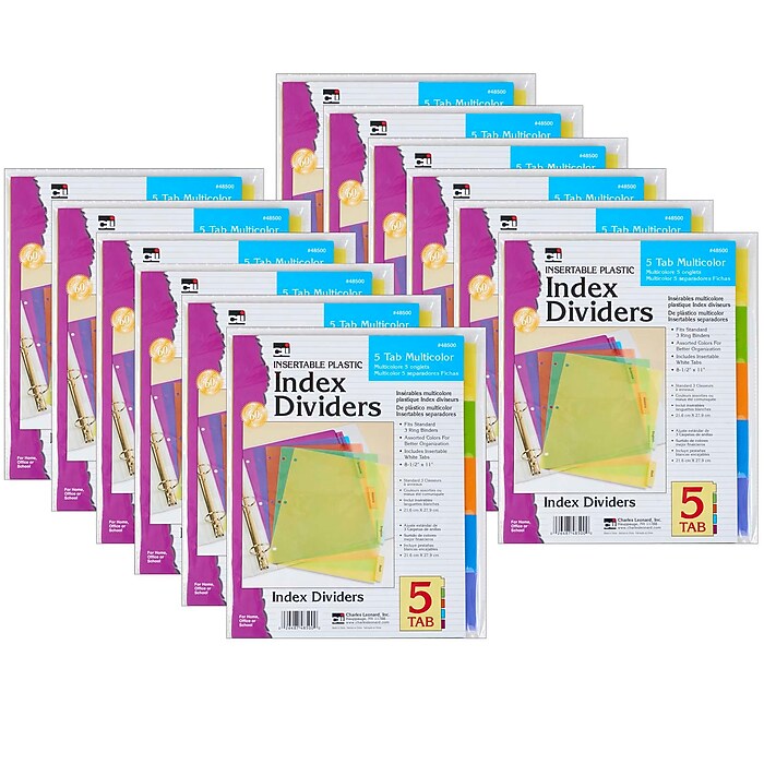 Charles Leonard Index Dividers, 5-Tab, Assorted Colors, 5 Per Pack