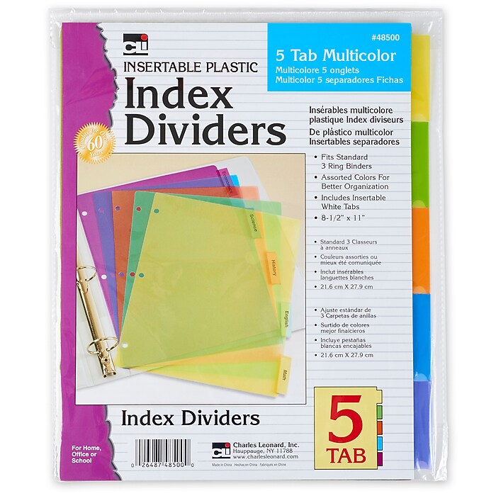 Charles Leonard Index Dividers, 5-Tab, Assorted Colors, 5 Per Pack