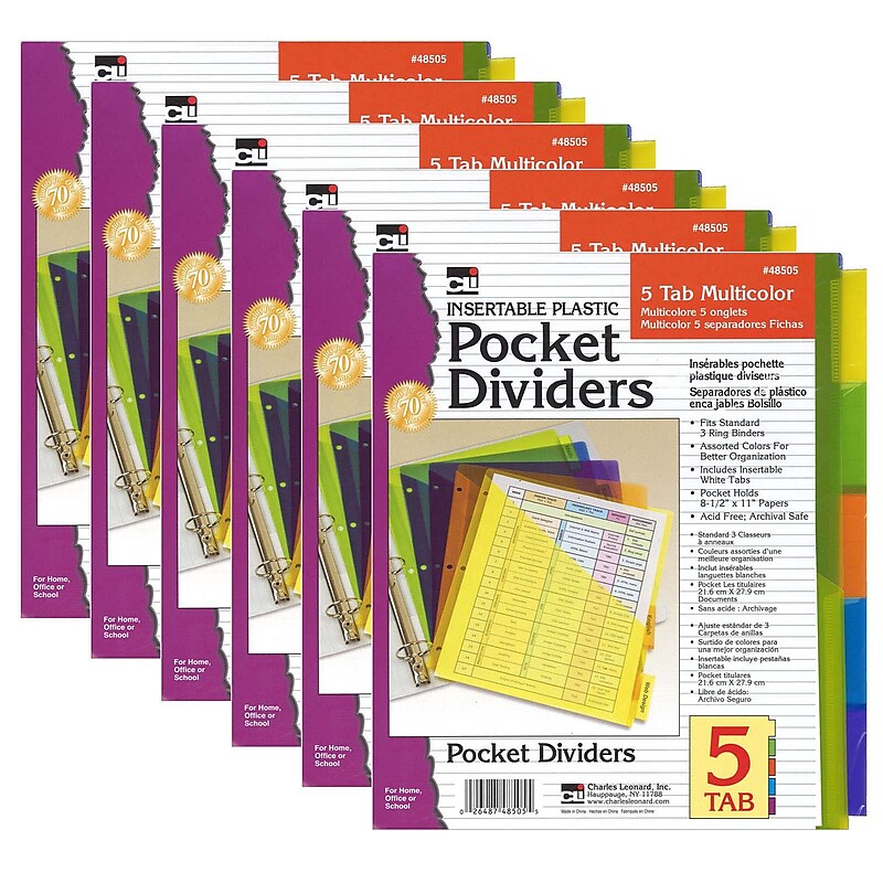 Charles Leonard Index Dividers with Pockets, 5-Tab, Assorted Colors, 5/Pack, 6 Packs (CHL48505ST-6) image 1
