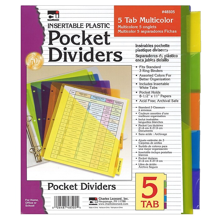 Charles Leonard Index Dividers with Pockets, 5-Tab, Assorted