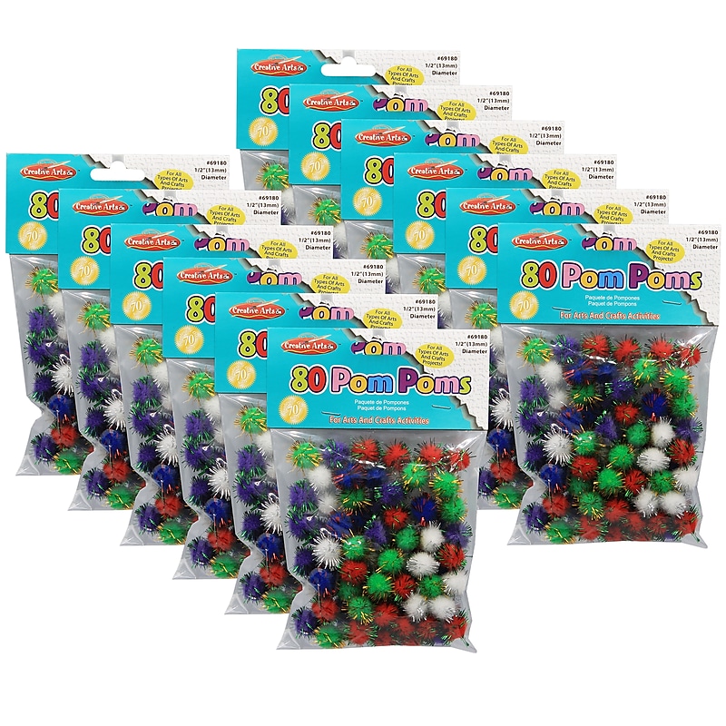 CLI Pom-Poms 1/2", Assorted Glitter Colors, 80/Pack, 12 Packs (CHL69180-12) image 1