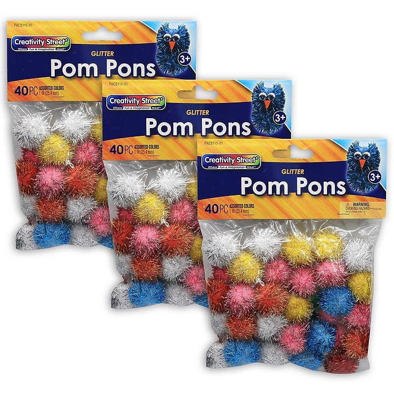Creativity Street Glitter Pom Pons, Assorted Colors, 1", 40 Pieces/Pack, 3 Pack (CK-811501-3) image 1