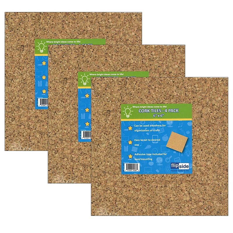 Flipside Natural Cork Tiles, 6" x 6", 4 Per Pack, 3 Packs  (FLP12066-3) image 1