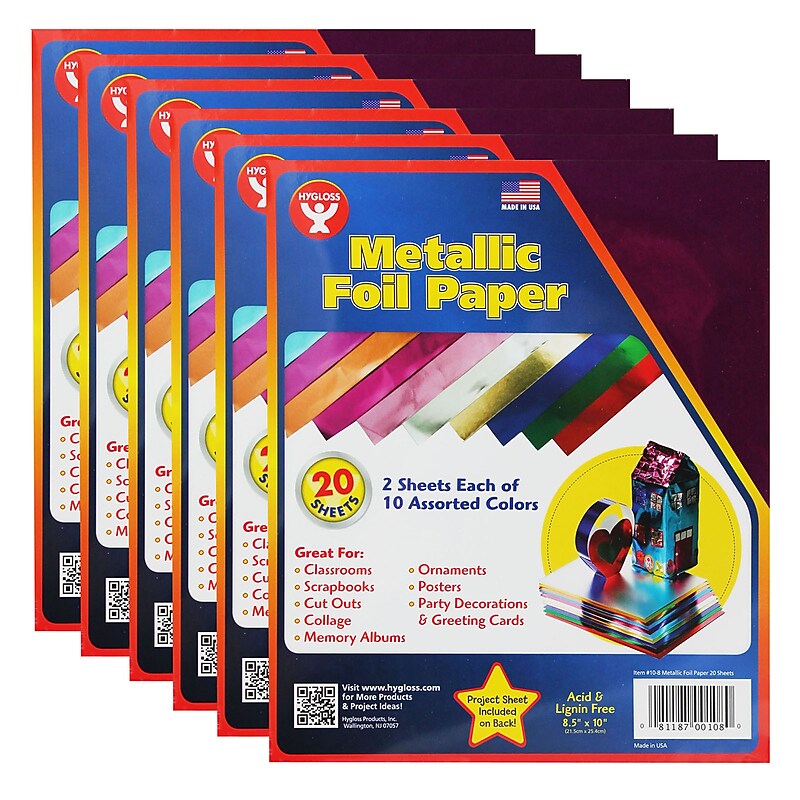 Hygloss Metallic Foil Paper Sheets, 8.5" x 10", Assorted Colors, 20 Per Pack, 6 Packs (HYG108-6) image 1
