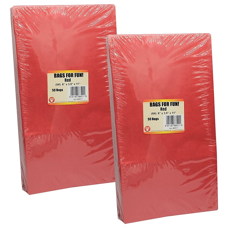 Hygloss Size #6 Gusseted Paper Bags, Red, 50/Pack, 2 Packs (HYG66511-2) image 1
