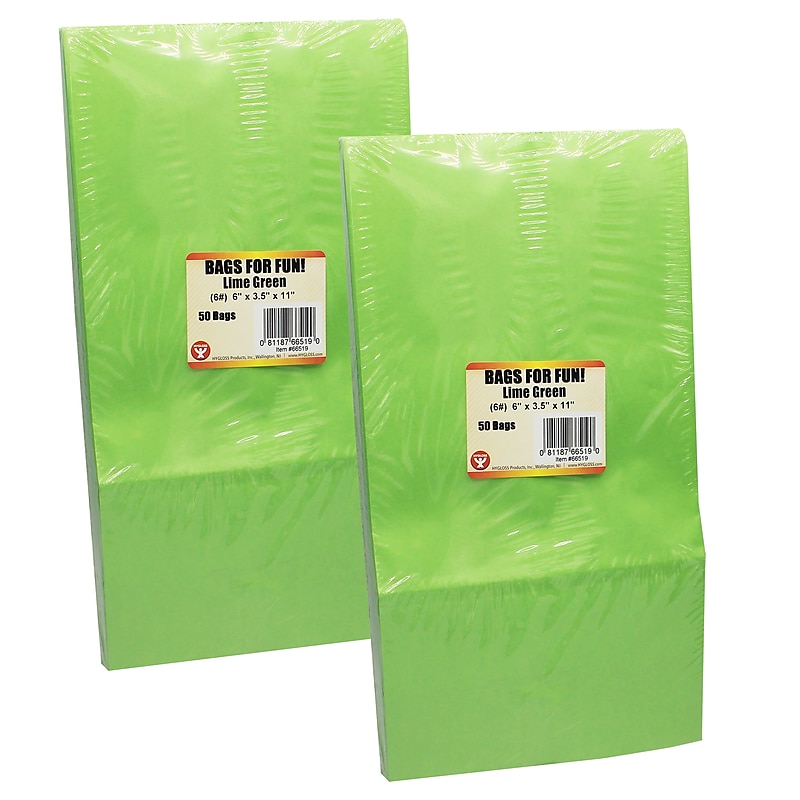 Hygloss Gusseted Paper Bags, #6 (6" x 3.5" x 11"), Lime Green, 50/Pack, 2 Packs (HYG66519-2) image 1