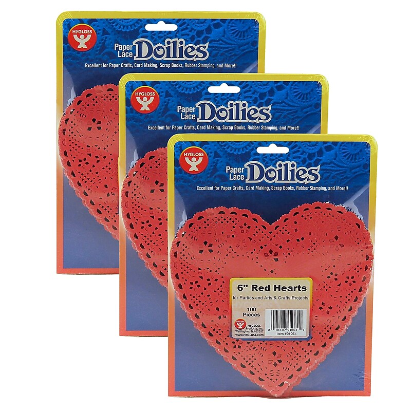 Hygloss Heart Doilies, Red, 6", 100/Pack, 3 Packs (HYG91064-3) image 1