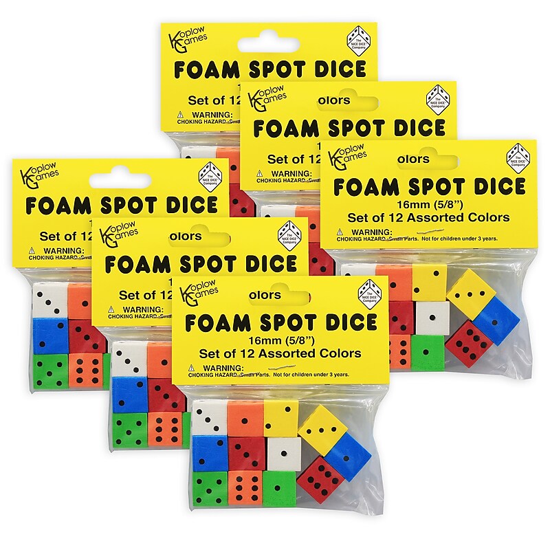 Koplow Games Assorted Color Spot Foam Dice, 12/Pack, 6 Packs/Bundle (KOP17332-6) image 1
