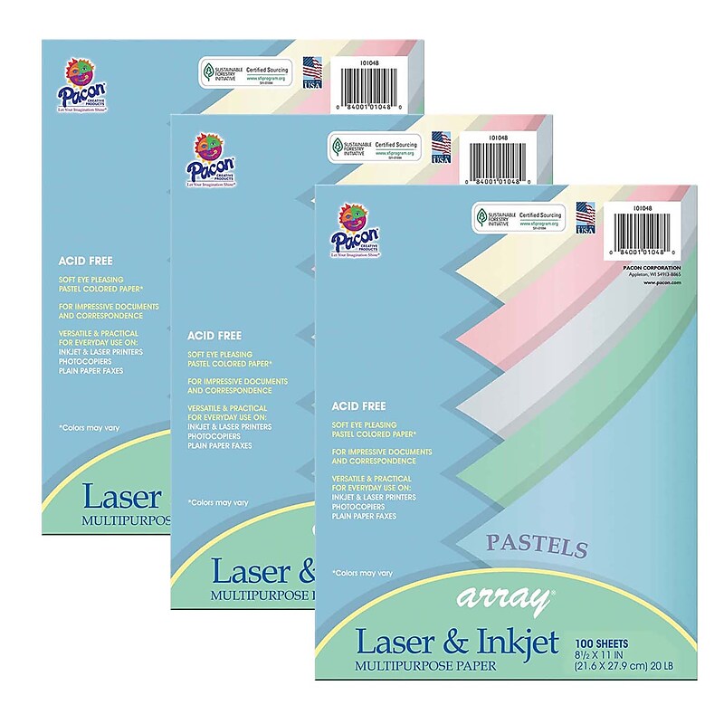Pacon Array Computer Paper, 8.5" x 11", Assorted Pastel, 100 Sheets/Pack, 3/Pack (PAC101048-3) image 1