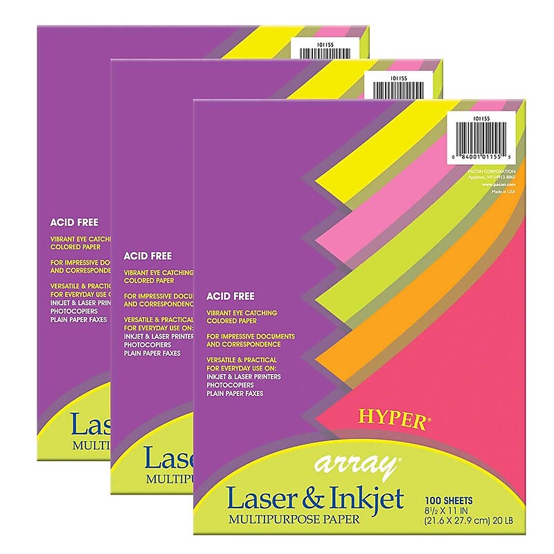 Pacon Hyper Computer Paper, 8.5" x 11", 5 Assorted Colors, 100 Sheets/Pack, 3 Packs (PAC101155-3) image 1