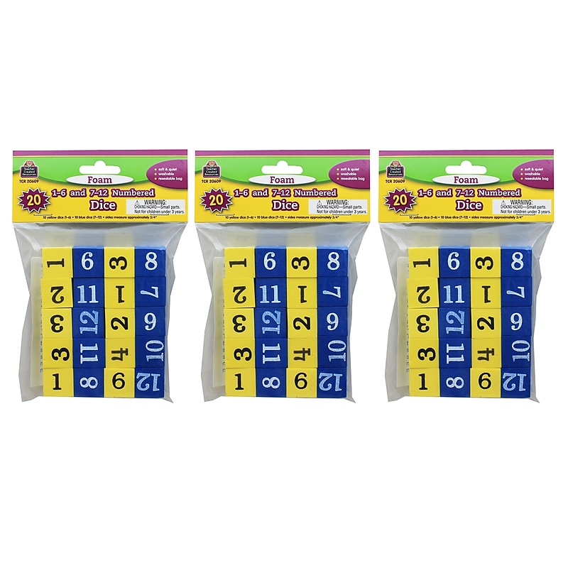 Teacher Created Resources Foam Numbered Dice (Numerals 1-12), 20 Per Pack, 3 Packs (TCR20609-3) image 1