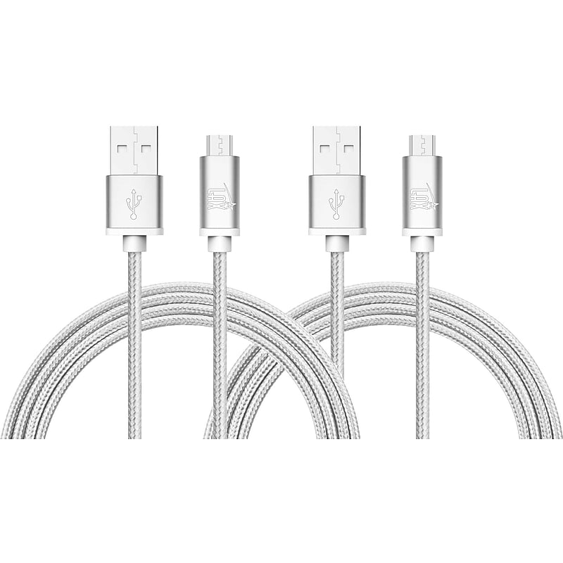 Durable Braided Micro USB Cables for Android Smartphones, Samsung, LG (10ft) - (Set of 2 - Silver) image 1