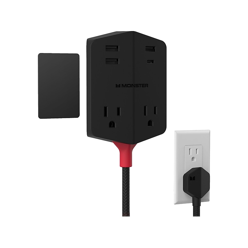Monster 2-Outlet 4-USB Port Power Strip, 6', Black (2MNAC0327B0L2) image 1