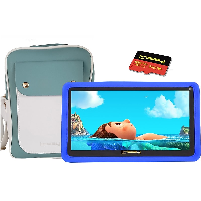 Linsay Kids' 7" Tablet with Case, Kids' Bag, and microSD Card, Wi-Fi, 2 GB RAM, 64GB, Android 13, Blue (F7UHDKIDSBBSD) image 1