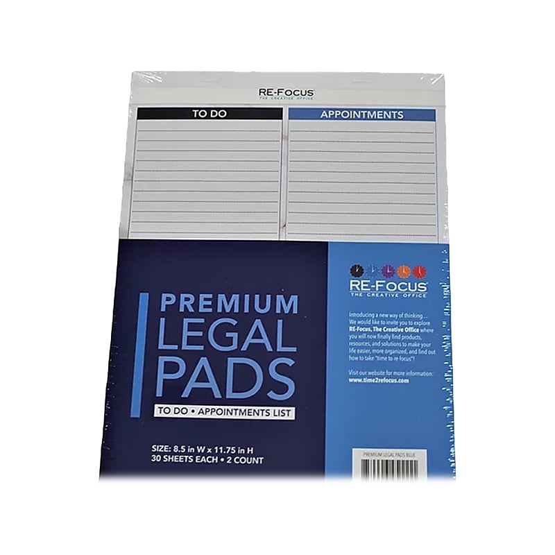 RE-FOCUS THE CREATIVE OFFICE Premium Legal Pad, Ruled, 8.5" x 11.75", Blue, 30 Sheets/Pad, 2 Pads (40001) image 1