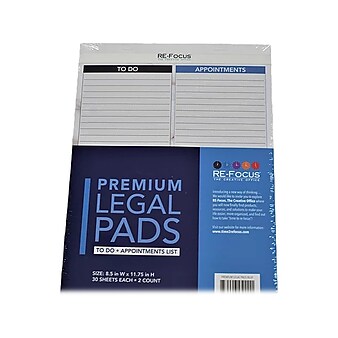 RE-FOCUS THE CREATIVE OFFICE Premium Legal Pad, Ruled, 8.5" x 11.75", Blue, 30 Sheets/Pad, 2 Pads (40001)