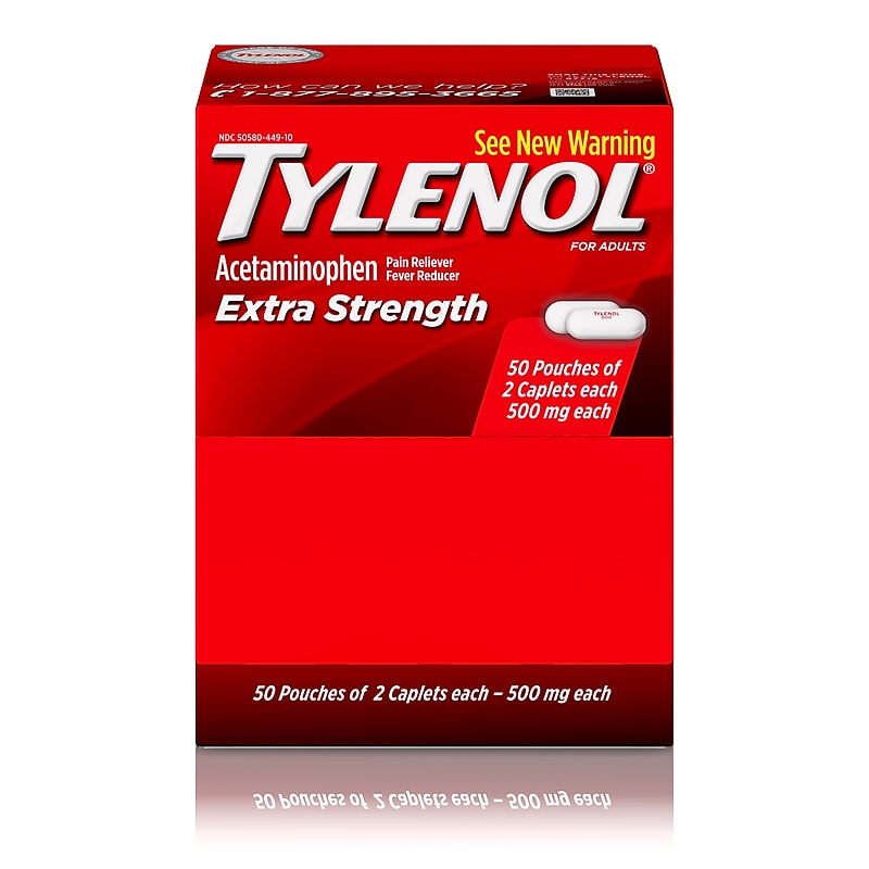 Tylenol Extra Strength Caplets, Fever Reducer and Pain Reliever, 500 mg, 50 Count, 2/Pack (487348) image 1